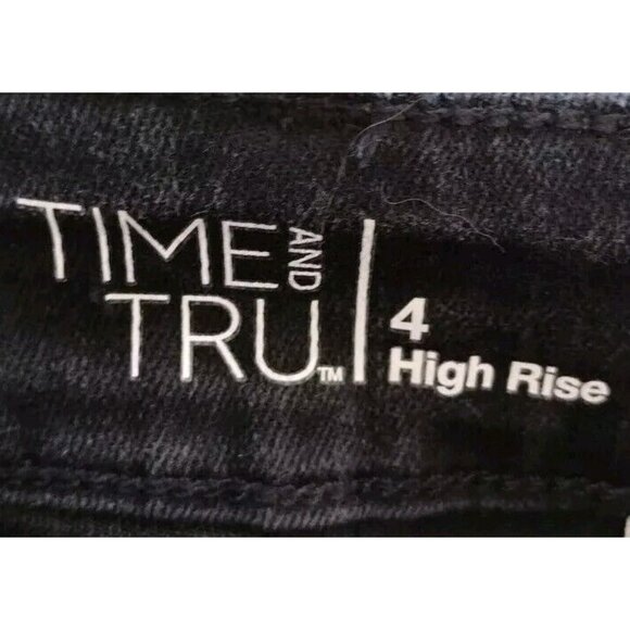 Time And Tru Jeans 4 High Rise Distressed Cropped Stretch Black Raw Cuff - Picture 3 of 10